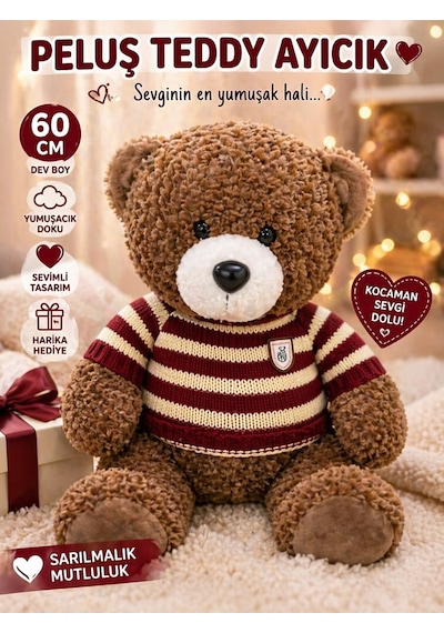 60 Cm Dev Peluş Teddy Ayıcık Yumuşacık Büyük Boy Sevimli Ayı Çizgili Kazaklı Kırmızı Çok Renkli