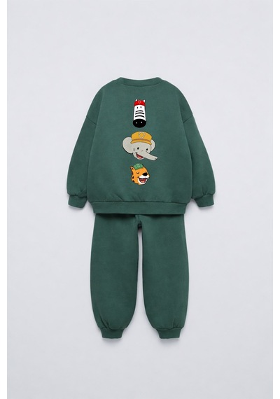 Çocuk Pamuklu Magu Friends Baskılı Yeşil Sweatshirt Ve Eşofman Altı Takımı