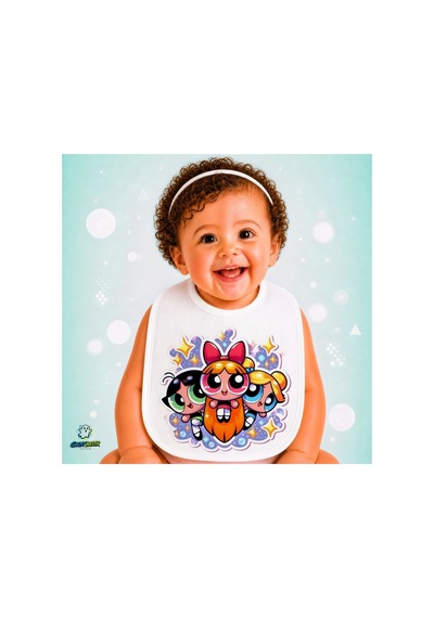 Powerpuff Girls Keten Bebek Mama Önlüğü Yumuşak - Emici - Yıkanabilir - Özel Tasarım P164 Çok Renkli