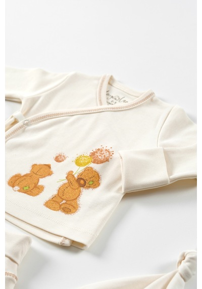 Tinylamb Fluffy Bear 4 Parça Unisex Bebek Uzun Kollu Pamuk Bodysuit Takımı Yenidoğan Ve Çocuk Hediye Seti Bej