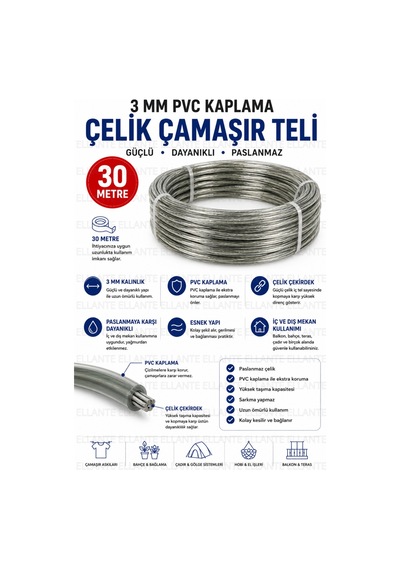 3 Mm Pvc Kaplama Çelik Çamaşır Teli 30 Metre Paslanmaz Güçlü Çamaşır Asma Teli İç Ve Dış Mekan Kulla Çok Renkli