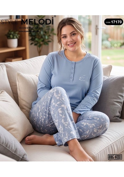 Melodi 17170 Uzun Kol %100 Pamuk Battal Büyük Beden Kadın Pijama Takımı Mavi