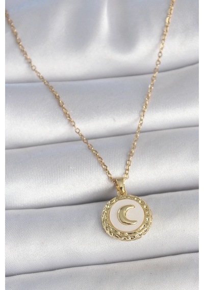 Lb 316l Çelik Gold Renk Zincir Beyaz Mineli Hilal İşlemeli Madalyon Model Kadın Kolye Tcxbko10035 Çok Renkli