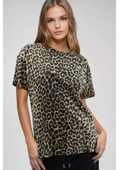 Hiccup Oversized Leopar Desenli Bisiklet Yaka Tişört Kahverengi