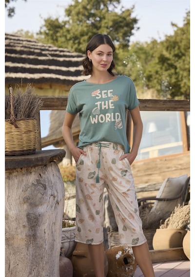 Monamise Kadın Desenli Ve Baskılı "see The World" Kapri Takımı 24115-yeşil Yeşil