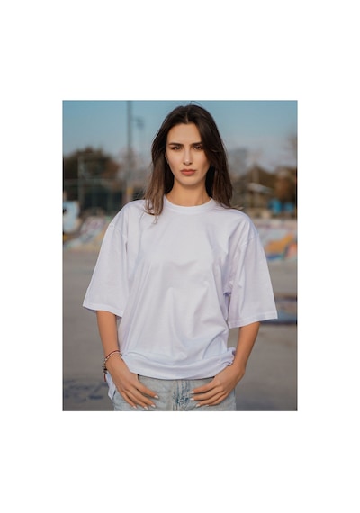 Parshey Oversize Unisex Beyaz Yarım Kollu Bisiklet Yaka %100 Pamuk Baskısız T-shirt Beyaz
