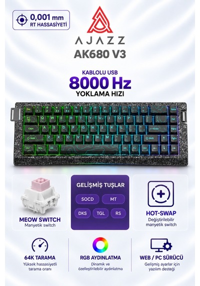 Ajazz Ak680 V3 8000 Hz Manyetik Rgb Oyuncu Klavyesi Siyah Contour Meow Meow