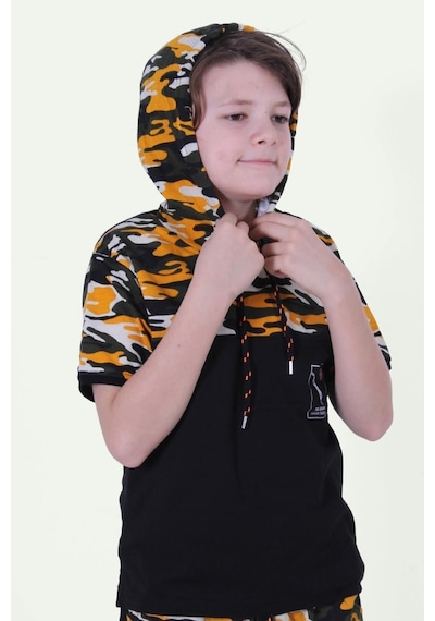 Panios Kids Kapşonlu Kamuflaj Desen Erkek Çocuk T-shirt Sarı