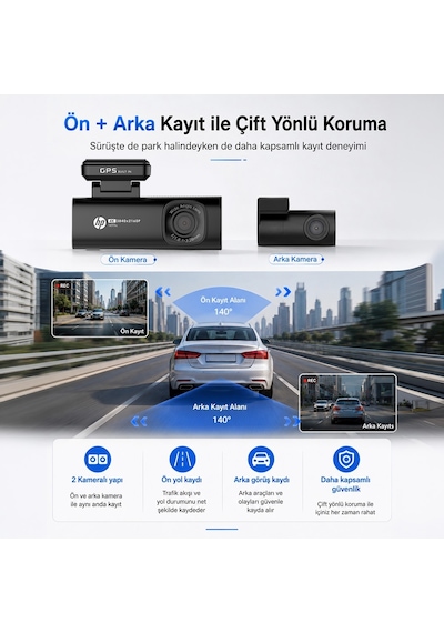 Hp F499x 4k Wdr, Araçiçi Ön + Arka Kamera, 1.5 Inch Renkli Lcd Ekran, Gps Li, Wi-fi Destekli