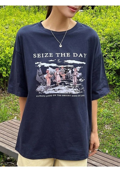 Flood Of Style Kadın Lacivert Seize The Day Baskılı Oversize T-shirt