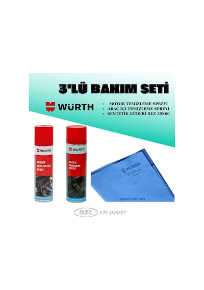 Würth 3 Parça Bakım Seti Motor Temizleme Spreyi+araç İçi Temizleme Spreyi+sentetik Güderi Bez 38x60