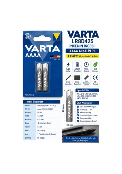 Varta 1.5v Alkalin Aaaa Boy İncenin İncesi Kalem Pil 2'li Kart