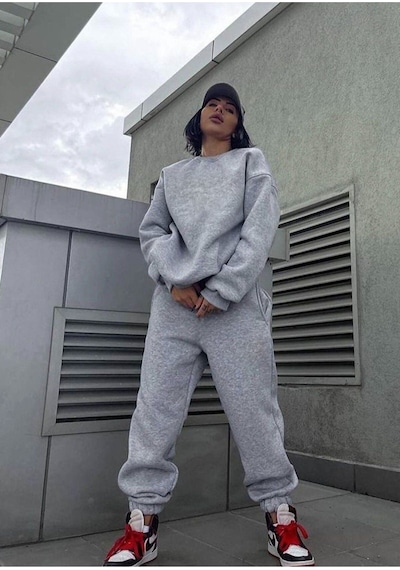Baskısız Eşofman Takımı Sweatshirt Jogger - Gri Oversize Şardonlu Bisiklet Yaka Gri
