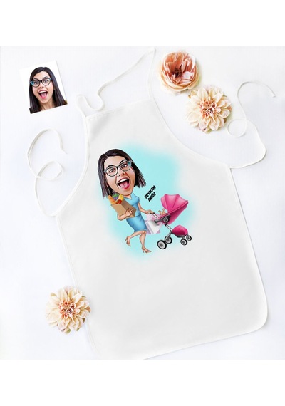 Kişiye Özel Ev Hanımı Anne Karikatür Mutfak Önlüğü - 1 Bej