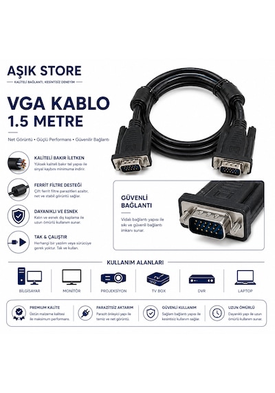 Vga Kablo 1.5 Metre Erkek Erkek Monitör Projeksiyon Bilgisayar Görüntü Aktarım Kablosu