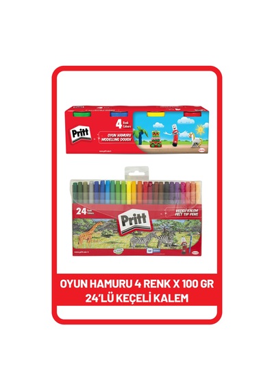 Pritt 24'lü Keçeli Kalem + Pritt Oyun Hamuru 4 Renk X 100 Gr