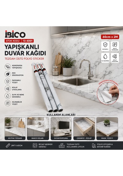 Beyaz Mermer Desenli Kendinden Yapışkanlı Folyo 2m X 60cm 01