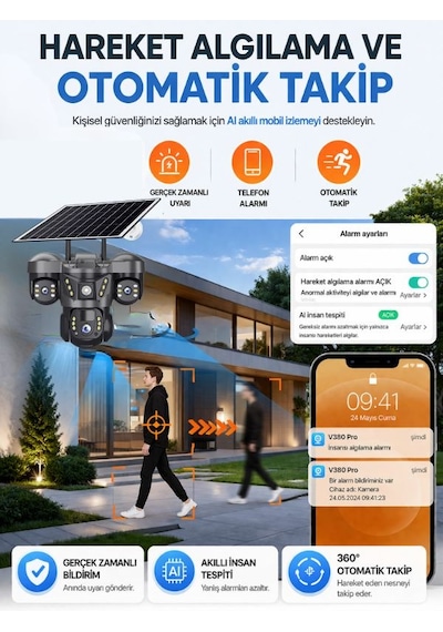 Snr 4g 3 Lensli Sım Kartlı 360 Ptz Solar Güvenlik Kamerası Güneş Panelli Gece Görüşlü Dış Mekan