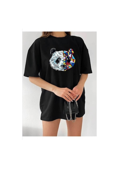 Medinenur Unisex Panda Baskılı Tshirt Siyah