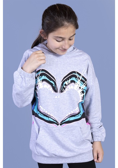 Toontoy Kız Çocuk Kapüşonlu Kanguru Cepli Baskılı Sweatshirt Gri Melanj
