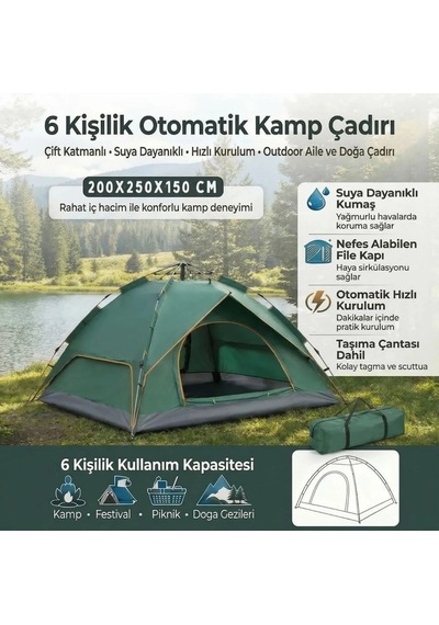 Ers 6 Kişilik Otomatik Kamp Çadırı Çift Katmanlı, Suya Dayanıklı, Hızlı Kurulum Outdoor Aile Ve Doğa Çadırı 200x250x150 Cm