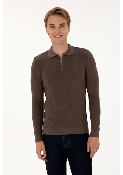 U.S. Polo Assn. Erkek Regular Fit Fermuarlı Vizon Basic Kazak 50313685-VR052