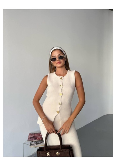 Kechi Woman Gold Aksesuarlı Etekli Triko Takım Bej