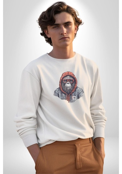 Kırmızı Gözlük Çeket Maymun Unisex Beyaz Baskılı Sweatshirt Beyaz