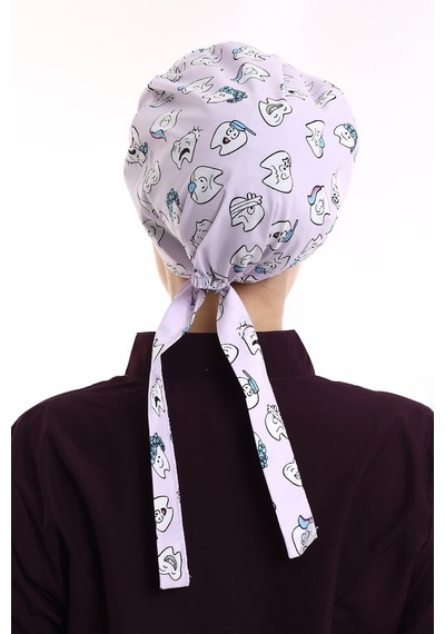 Lila Diş Tesettür Desenli Cerrahi Bone - Tesettür Doktor Hemşire-Standart-4104 Lila Diş