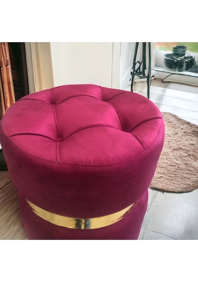 Yaren Home Dizayn Puf Lüks Silinebilir Kumaş Kapitoneli Gold Detaylı Pembe