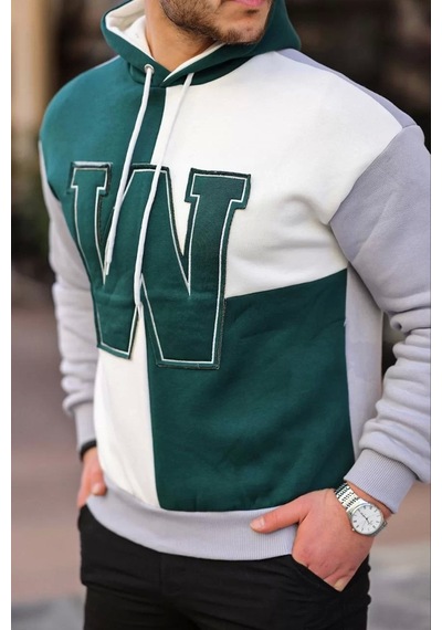Erkek W Nakış İşlemeli Kapüşonlu Sweatshirt - Yeşil