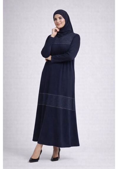 Hira Life Fashion Kadın Önü Desenli Taş Detaylı Düz Tessetür Elbise Lacivert Lacivert