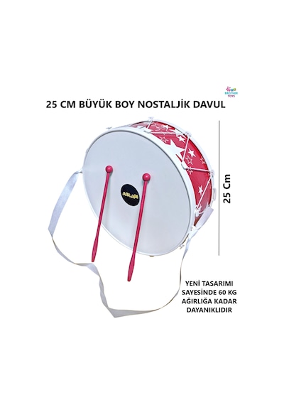 Büyük Boy 25 Cm. Oyuncak Çocuk Davul 23 Nisan Gösteri Davulu Kırmızı Renk