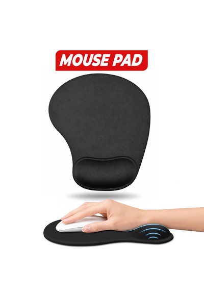 Wonkey - Bilek Destekli Mouse Pad, Memory Foam Hafızalı Süngerli Ergonomik Fare Altlığı, Kaymaz Tabanlı Mousepad, Ofis, Bilgisayar Ve Laptop Kullanımına Uygun Masa Pedi Siyah