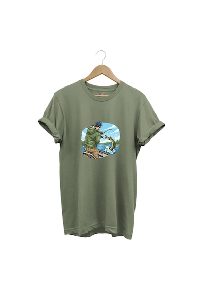Avcılık Fishing Teknede Olta İle Balık Tutmak Baskılı %100 Pamuk Regular Fit Bisiklet Yaka T-shirt Haki