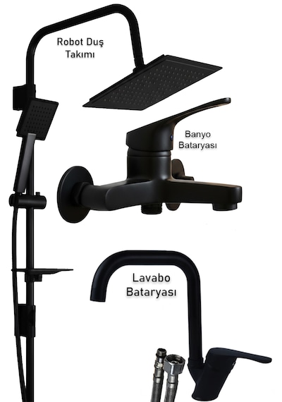 469845 Lavabo Banyo Bataryası Robot Duş Takımı Musluk Armatür Siyah Beyaz Krom Renk Siyah