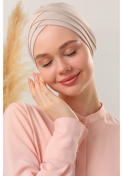 Melodi Scarf Kadın Üç Bantlı Çapraz Hazır Türban Dış Bone Taş Rengi Siyah
