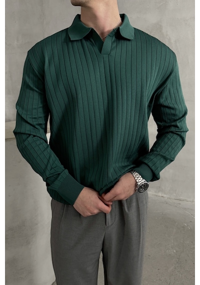 Erkek Polo Yaka Fitilli Oversize Triko Kazak Yeşil