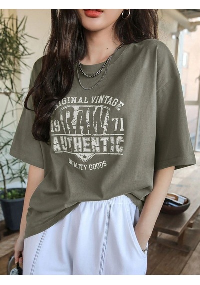 Flood Of Style Kadın Haki Yeşil Original Vintage Raw Baskılı Oversize Bisiklet Yaka Tshirt
