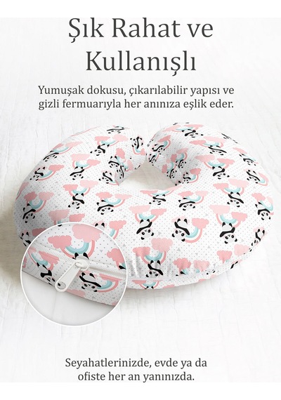 Panda Gökkuşağı Desenli Ergonomik Boyun Yastığı - Sevimli Pastel Pembe Mavi Seyahat Yastığı Çok Renkli