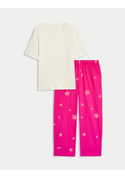 Marks & Spencer Pamuk Karışımlı Ribanalı Yıldız Baskılı Pijama Takımı T37006206X Krem