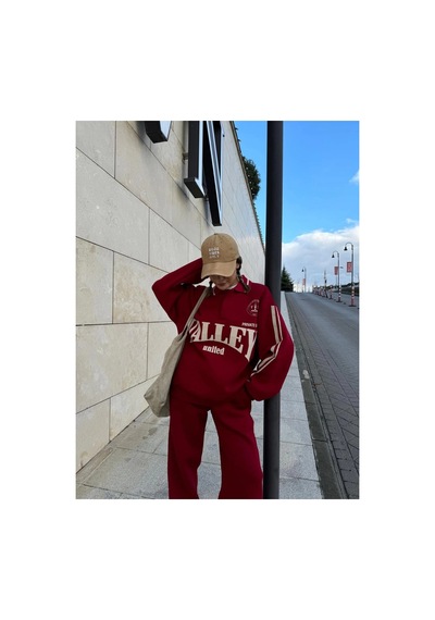 Kadın 3 İplik Pamuklu Yakalı Sweat Baggy Pantolonlu Takım - Bordo
