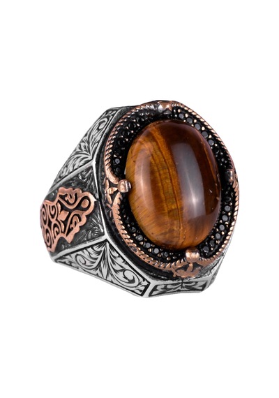 El Yapımı Cabochon Kaplan Gözlü Taş Yüzük - 925k Katı Gümüş Erkek Yüzüğü - Cesur Tasarım Gümüş