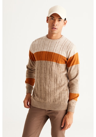AC&Co / Altınyıldız Classics ERKEK BEJ-VIZON Standart Fit Normal Kesim Bisiklet Yaka ColorBlok Desenli Triko Vizon