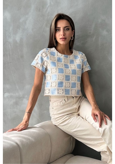 Verymoda Kısa Kollu Dama Desen Tiğişi Bluz D2619 Ham Mavi