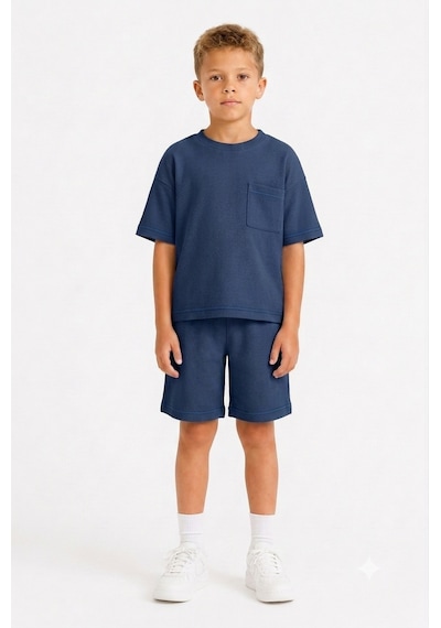 Monox Unisex 5-12 Yaş Petek Dokulu Oversize Yazlık Şort Tişört Takım Lacivert