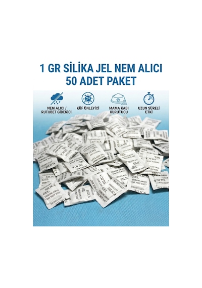 50 Adet 1 Gram Nem Alıcı Silikajel , Rutubet Giderici Küf Önleyici Mama Kabı Kurutucu Silika Jel