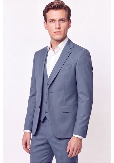 Efor Slim Fit Çift Yırtmaç %97 Yünlü Doku Desenli Esnek Mavi Yelekli Takım Elbise Tk 927