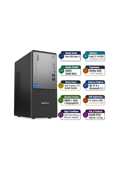 Lenovo ThinkCentre Neo 50T Gen 5 12UD001UTR033 i7-14700 64 GB 2 TB SSD W11P Masaüstü Bilgisayar Lenovo ThinkCentre Neo 50T Gen 5 12UD001UTR033 i7-14700 64 GB 2 TB SSD W11P Masaüstü Bilgisayar