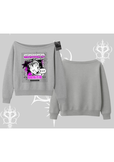 Startmore Kayık Yaka Sweatshirt Games Schoolgirl Anime Baskılı Gri